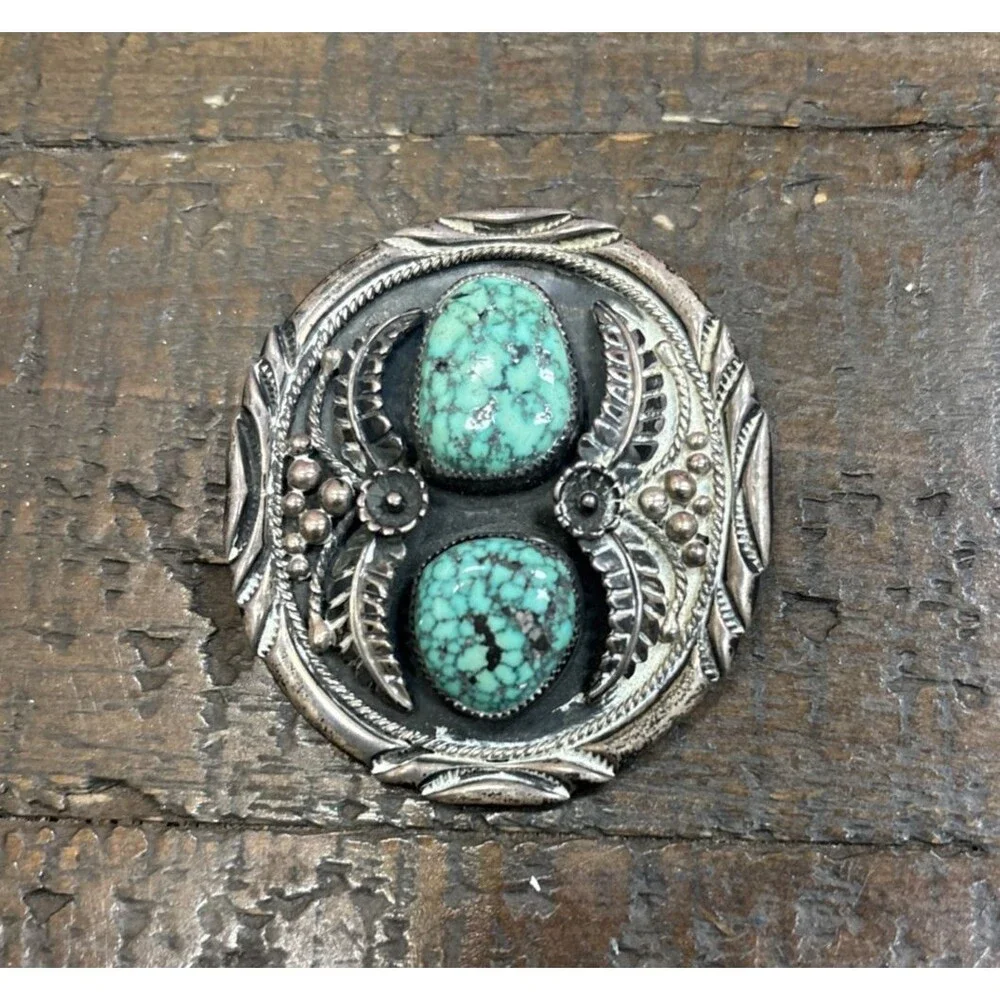 VTG Navajo Sterling Silver Bolo Slide 53g Morenci Blue Turquoise Double Stone